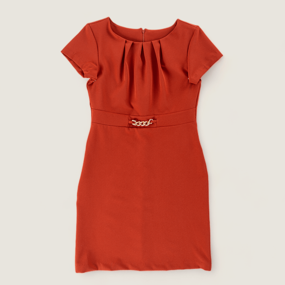 Vestido Manga Corta Cuello Redondo Unicolor Mas Accesorio Terracota Ref V7102 cl 00 Jadasha superexitoec